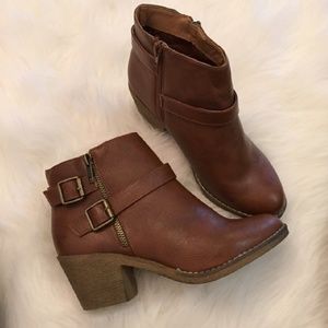 Cognac Distressed Buckle Ankle Boots